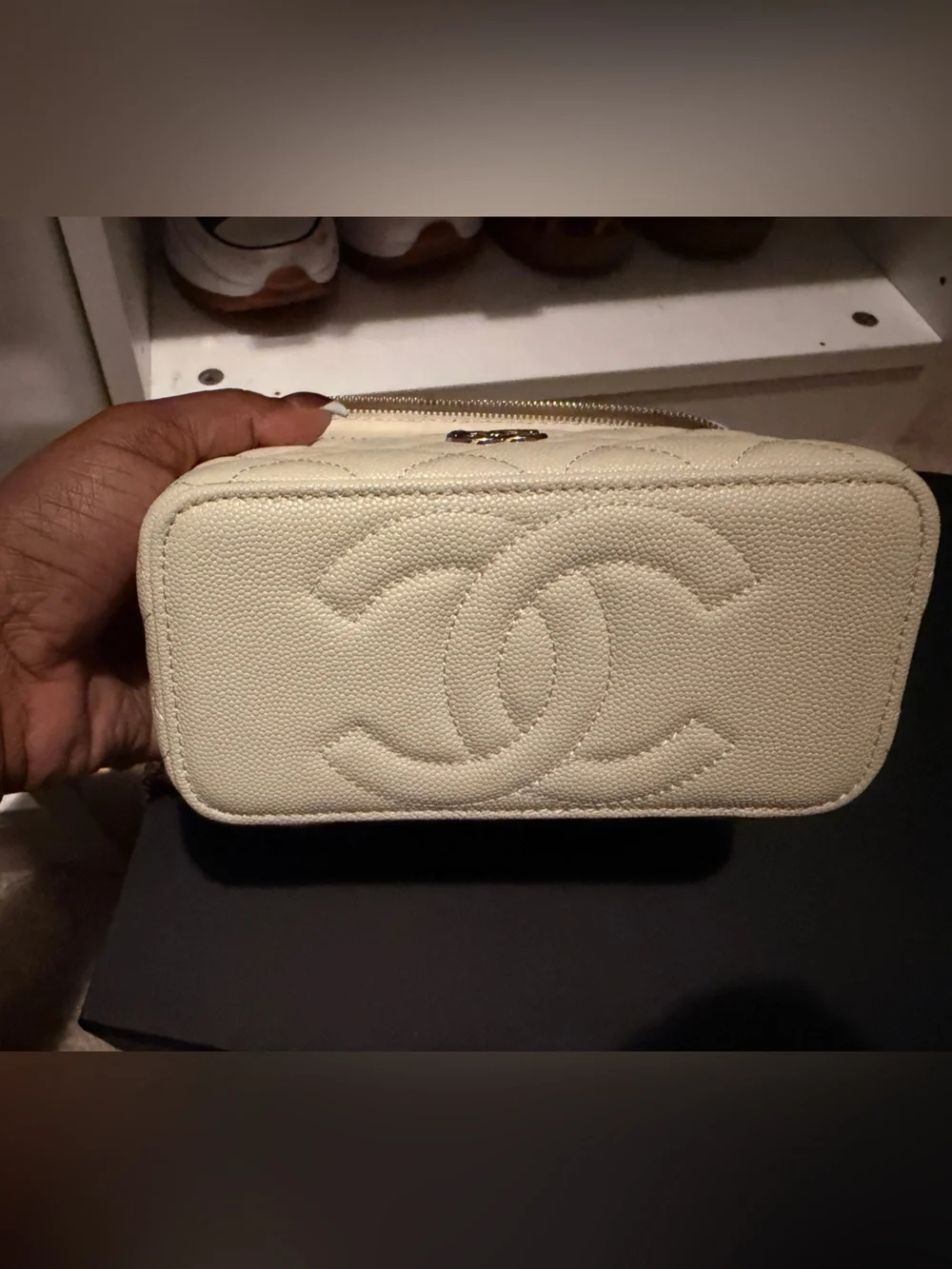 CC PREMIUM QUALITY Cream Quilted Vanity Bag with Gold Chain